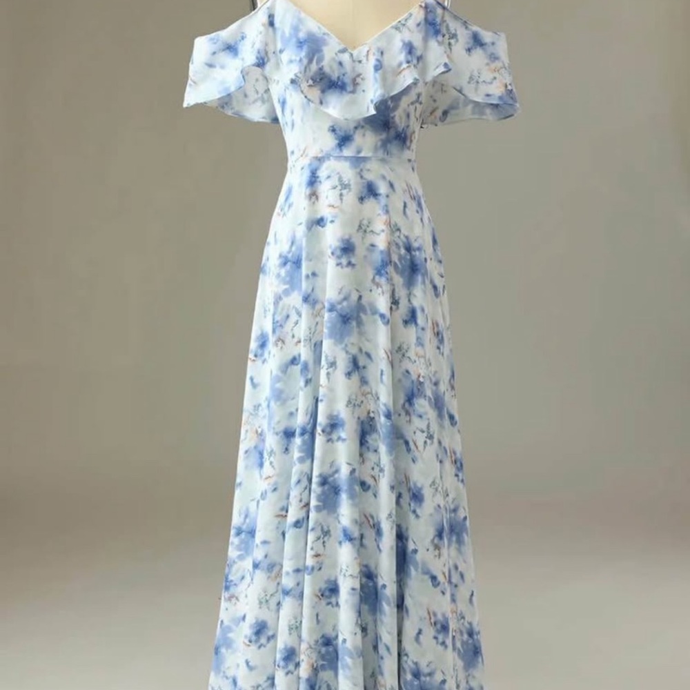 Elegant Blue Floral Off-Shoulder Dress